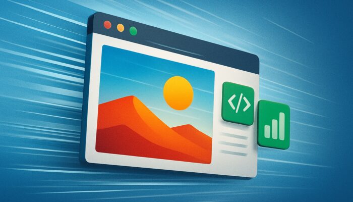 Browser showing instant hero image load with speed lines, code icons, and green metrics.