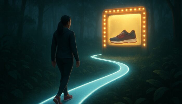 Glowing path labeled "women's running shoes for flat feet" leads searcher through misty jungle to shoe purchase.