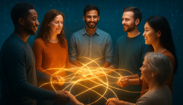 Diverse people united in glowing community circle connected by luminous threads of shared values and loyalty.