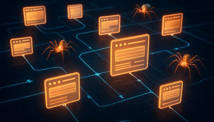 Interconnected glowing web pages linked by anchor text with SEO bots distributing link equity.