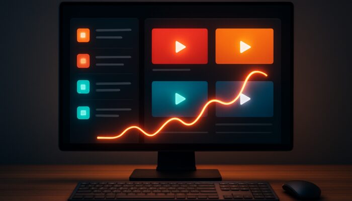 YouTube creator dashboard with organized playlists, video thumbnails, and retention metrics for audience loyalty.