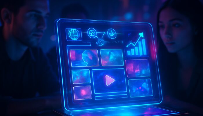 Cyberpunk holographic tablet displaying glowing video playlists with rising metrics and topic icons.