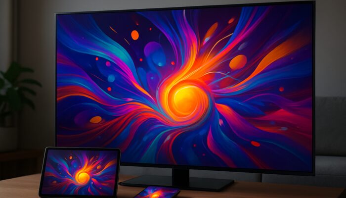 Futuristic TV screen streaming vibrant seamless ads across connected devices with dynamic tech visuals.