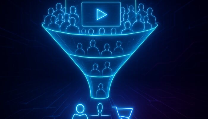 Neon cyberpunk funnel visualization of viewer journey from video views to subscriptions and purchases.