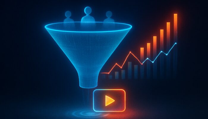 Holographic video funnel with fading viewers at drop-off points, glowing analytics, and vibrant visuals boosting engagement