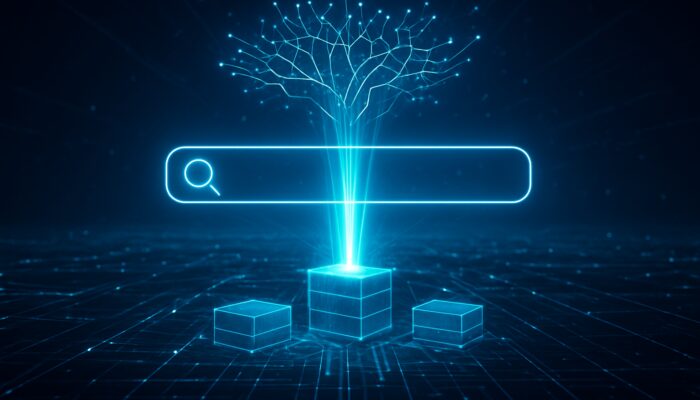 Futuristic cybernetic landscape with glowing Google search and AI elevating structured SEO content.