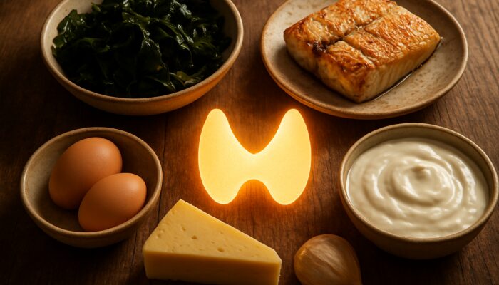Still life of seaweed, grilled fish, eggs, and dairy around glowing thyroid symbol on rustic wood.
