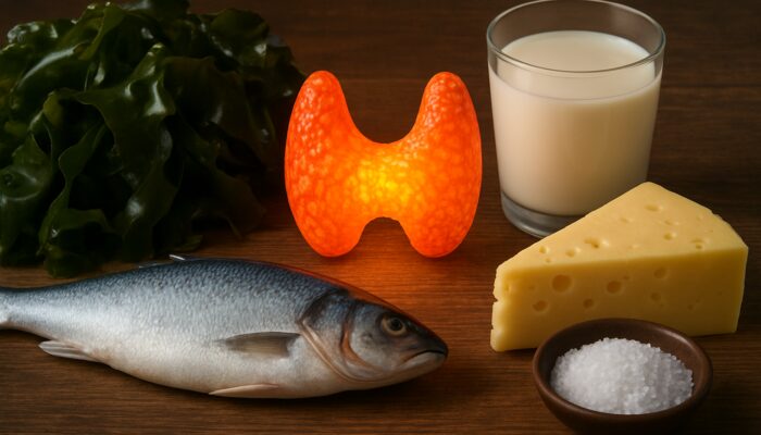 Still life of seaweed, fish, dairy, and salt around a glowing thyroid gland on wooden table.
