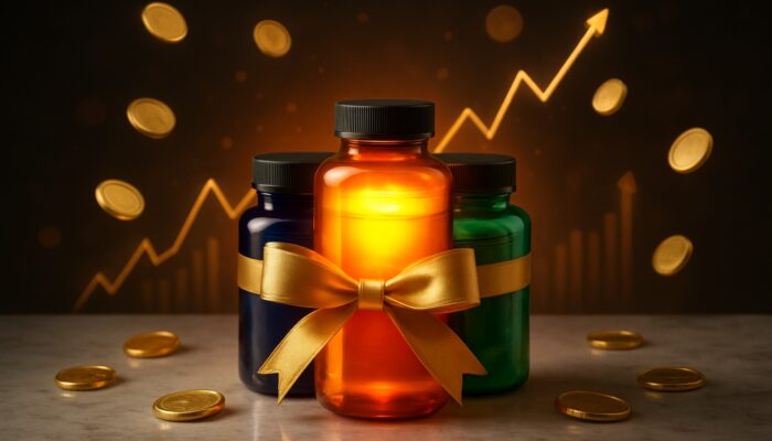 Colorful supplement bottles bundle with golden ribbon on marble table, glowing high-margin items and floating profit charts