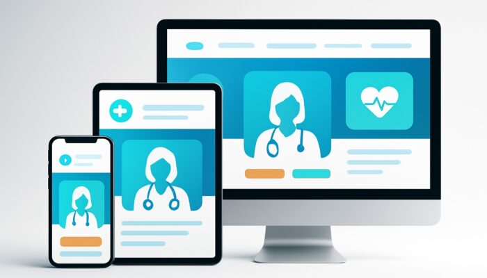 Responsive healthcare website displayed seamlessly on floating smartphone, tablet, and desktop screens.