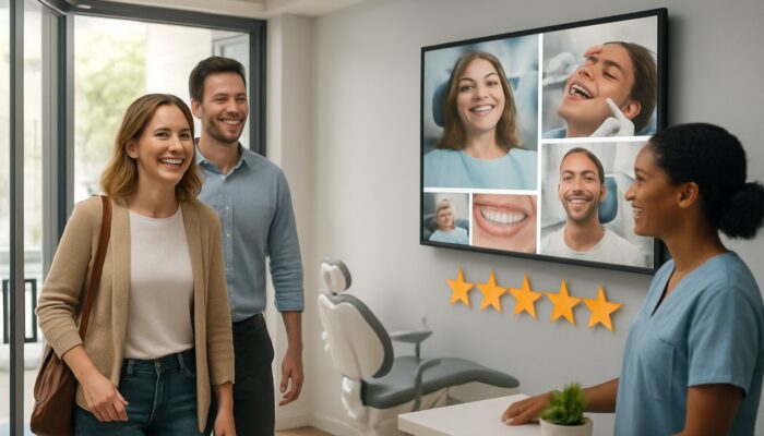 Dental clinic with smiling patients and Google My Business showing 5-star reviews