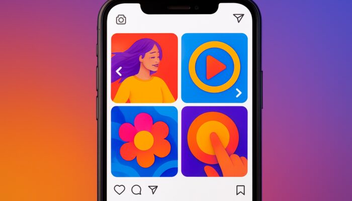Smartphone displaying vibrant Instagram video carousel with short dynamic clips and swipe arrows