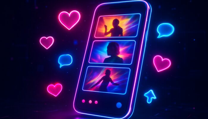 Smartphone screen displaying vibrant Instagram video carousel with floating hearts, comments, and neon engagement metrics.