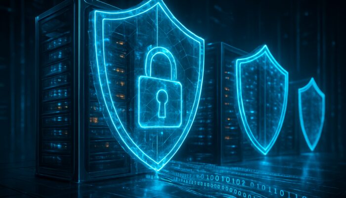 Futuristic server racks shielded by AES-256 encryption in high-tech cyber fortress
