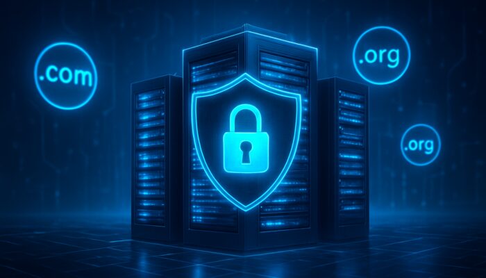 Digital fortress shielding glowing servers with domain privacy icons in neon cyber landscape