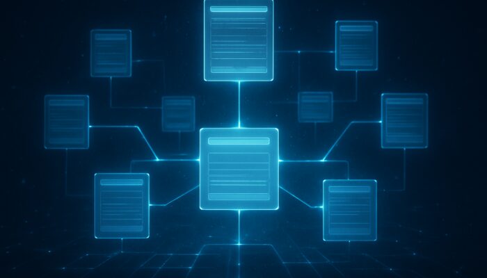 Glowing digital web of interconnected supplement pages with hierarchical hyperlinks in cyberspace