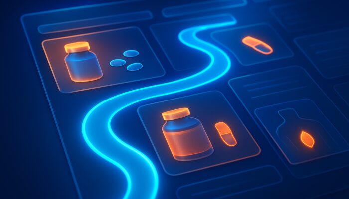 Vibrant supplement website interface with glowing hyperlinks forming a flowing river for seamless UX navigation.