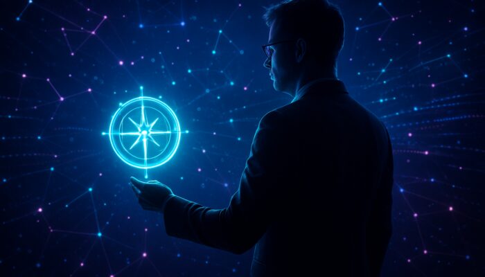 Digital strategist using SEO compass to target niche markets amid floating keywords