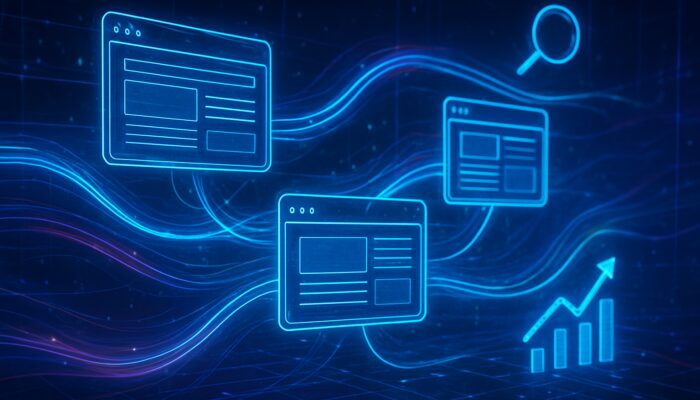 Interconnected websites sharing content streams with rising SEO graphs in neon digital network