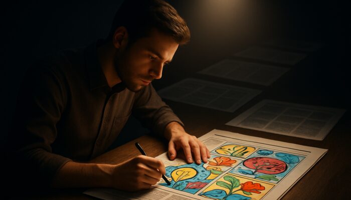 Writer adding original illustrations to newspaper under spotlight, faded duplicates receding into shadow for unique syndication value.
