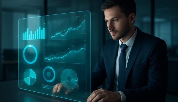 Analyst reviews holographic dashboard showing real-time bidding metrics, conversion rates, and ROI graphs.