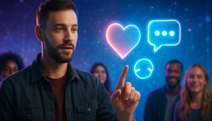Content creator analyzes holographic likes, comments, and shares with diverse digital audience.
