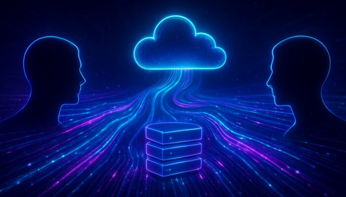 Neon cyberpunk abstract of glowing data streams linking anonymous users to cloud servers via light pulses.