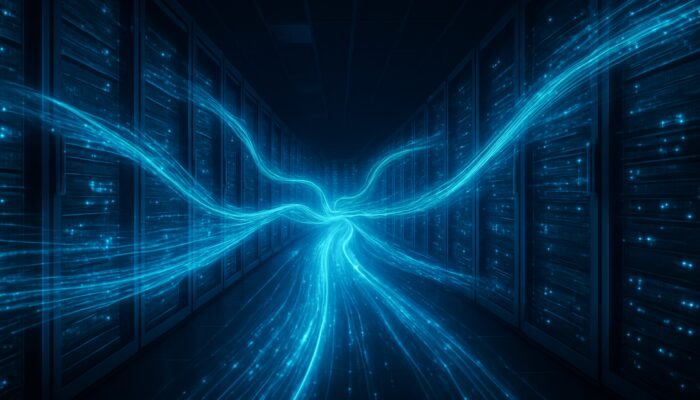 Futuristic server room with glowing data streams for cookieless tracking and optimized performance