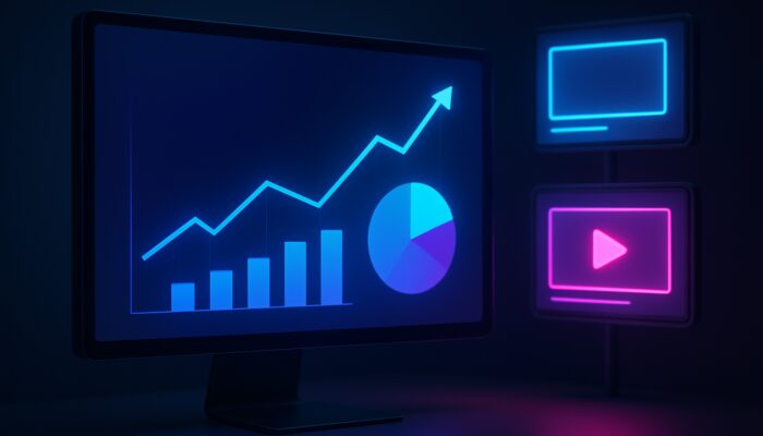 Digital dashboard showing rising engagement graphs, audience peaks, and targeted ads on screens