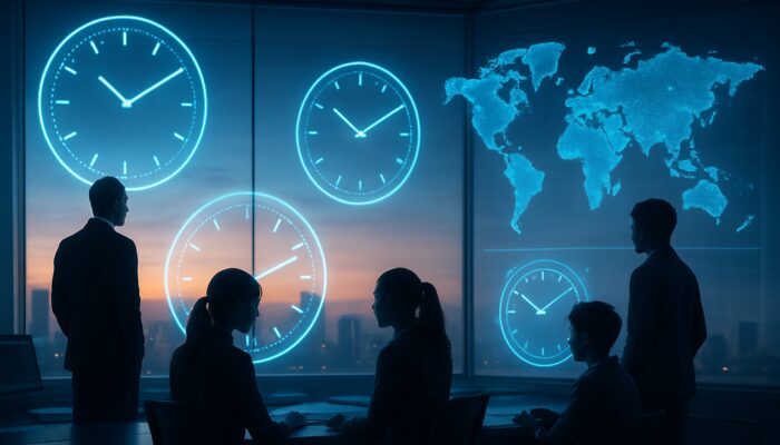Futuristic control room with holographic clocks and silhouettes of businesspeople and students across global time zones.