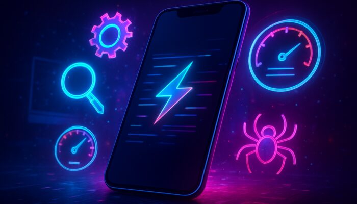 Smartphone displaying fast responsive website with SEO icons, spiders, and speed gauges for mobile-first indexing