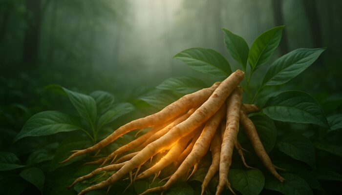 Glowing Ashwagandha roots and lush leaves in misty forest sanctuary for stress relief.
