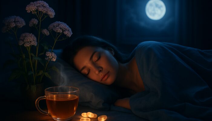 Peaceful sleeper in moonlit bed with valerian flowers, herbal tea, and glowing capsules for calm rest.