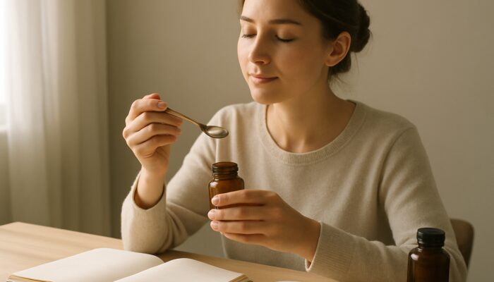 Person measuring ashwagandha and magnesium capsules beside journal on sunlit desk.