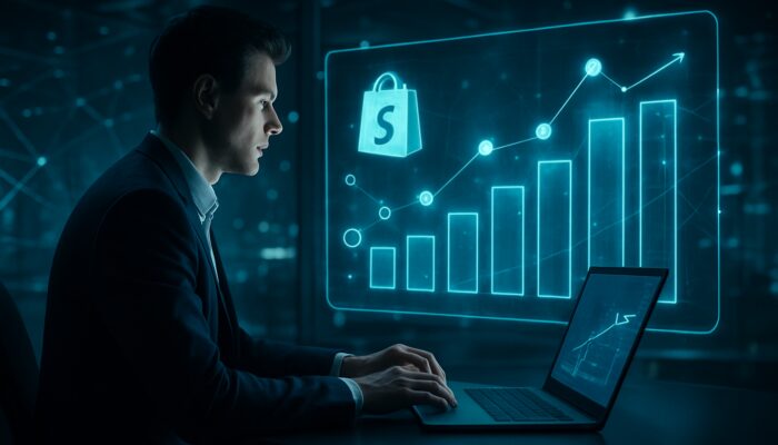 Futuristic entrepreneur analyzing glowing Shopify affiliate dashboard with ascending sales charts in cyberpunk office.