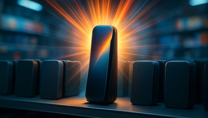 Glowing innovative gadget rising above competitors on crowded marketplace shelf, highlighting unique value and differentiation.