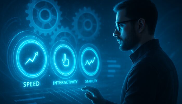 Futuristic SEO expert monitoring holographic Core Web Vitals metrics amid Google algorithm gears and rankings.