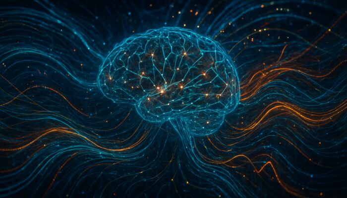 Glowing cyberpunk AI neural network with swirling data streams revealing statistical anomalies for storytelling.