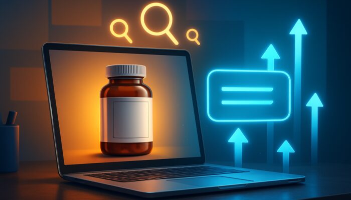 Laptop displaying supplement bottle image with highlighted alt text and SEO ranking boost icons.
