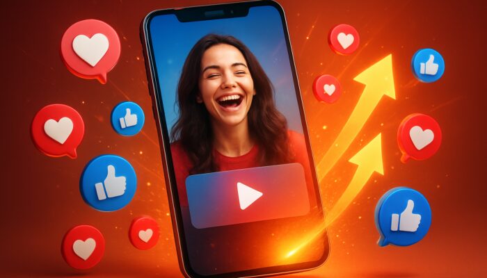 Smartphone screen shows viral video thumbnail boosted by social likes and arrows to #1 search ranking