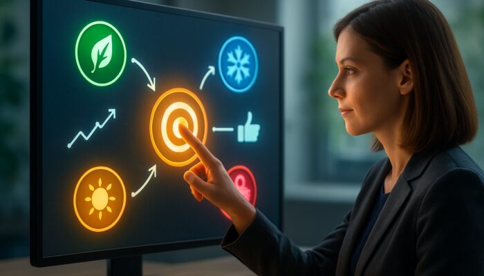 Marketer aligning glowing seasonal campaign targets on digital dashboard with metrics and branding icons
