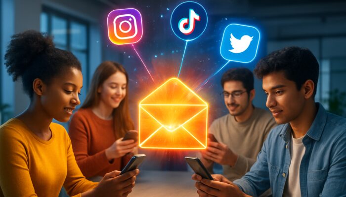 Vibrant digital collage of glowing email envelope with Instagram, TikTok, Twitter, and LinkedIn icons connecting young smartphone users.
