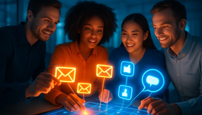 Marketing team syncing email envelopes with social icons on digital calendar for product launch campaign