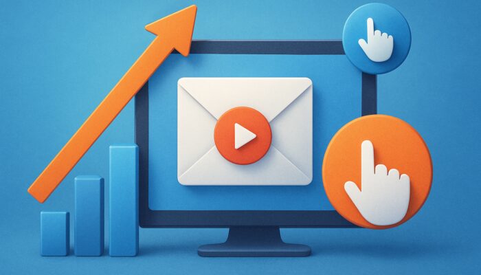 Tablet displaying email with video play button, rising graphs, and click icons for engagement.