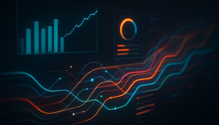 Futuristic dashboard with glowing streams linking Google Analytics charts to ad campaigns and conversion paths.