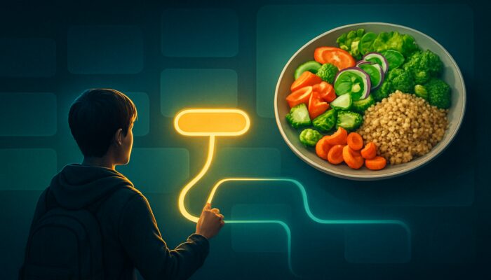 Digital explorer follows glowing "Tips for Nutritious Meals" link through vibrant web to healthy feast, as vague signs fade.