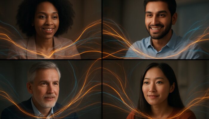 Glowing threads connecting diverse participants in a synchronized low-latency video conference