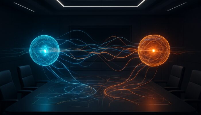 Futuristic glowing threads pulsing through balanced CPU and memory orbs in a video conference resource hub.
