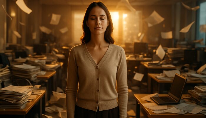 Serene person radiates emotional resilience amid chaotic office bathed in warm golden light.