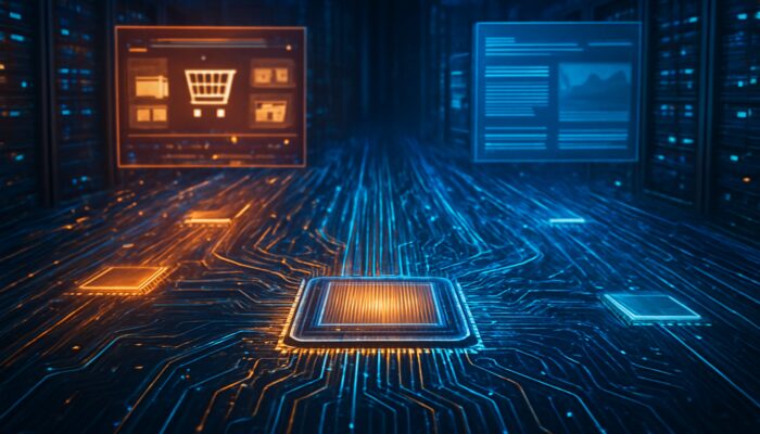 Futuristic data center with glowing CPU cores powering e-commerce and blog workloads seamlessly.